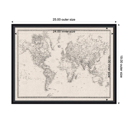 Framed Fabric Pinboard Vintage Black and White Linen World Map Wall Organization